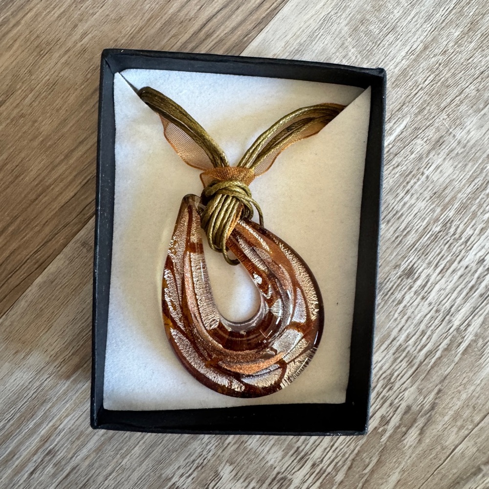 Glass Pendant Necklace Gold and Brown Foiled Glass